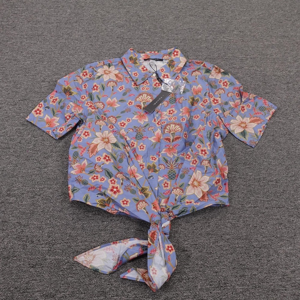 Tahari Shirt Womens XS Blue Floral Button Up Tie Front Cropped Top Short Sleeve